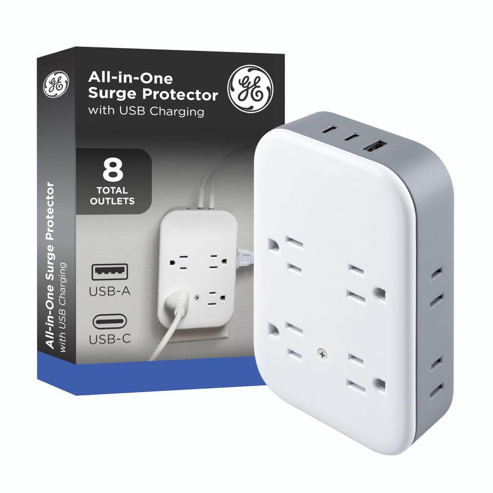 GE All-in-One Surge Protector Wall Tap with eight outlets for versatile power access.