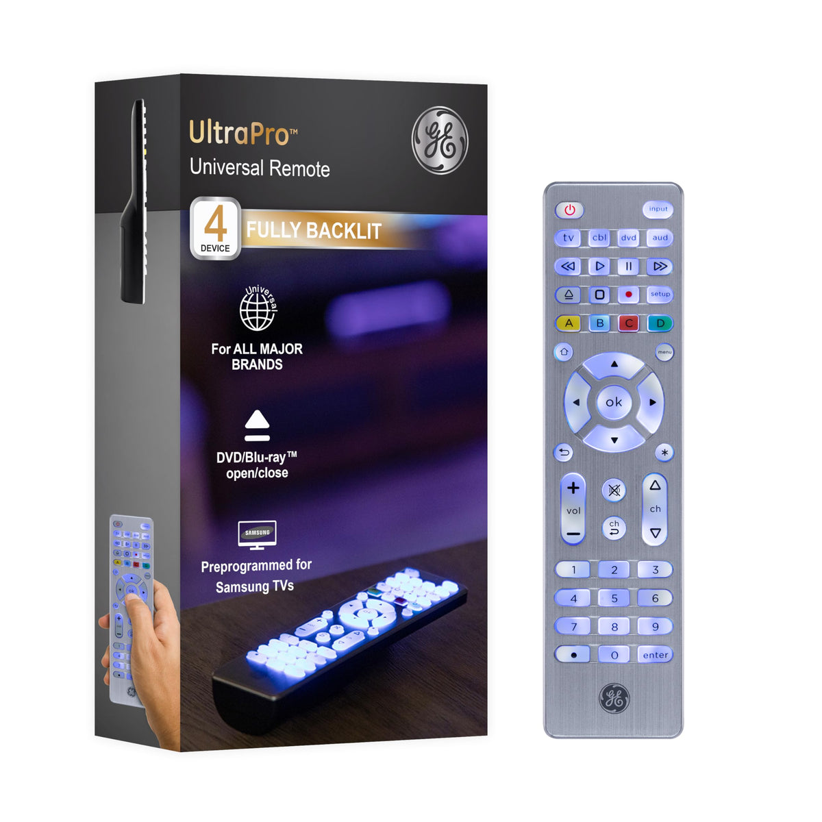GE 4-device backlit remote in silver, front view for easy accessibility.