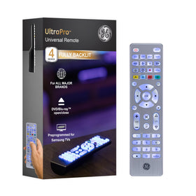 GE 4-device backlit remote in silver, front view for easy accessibility.