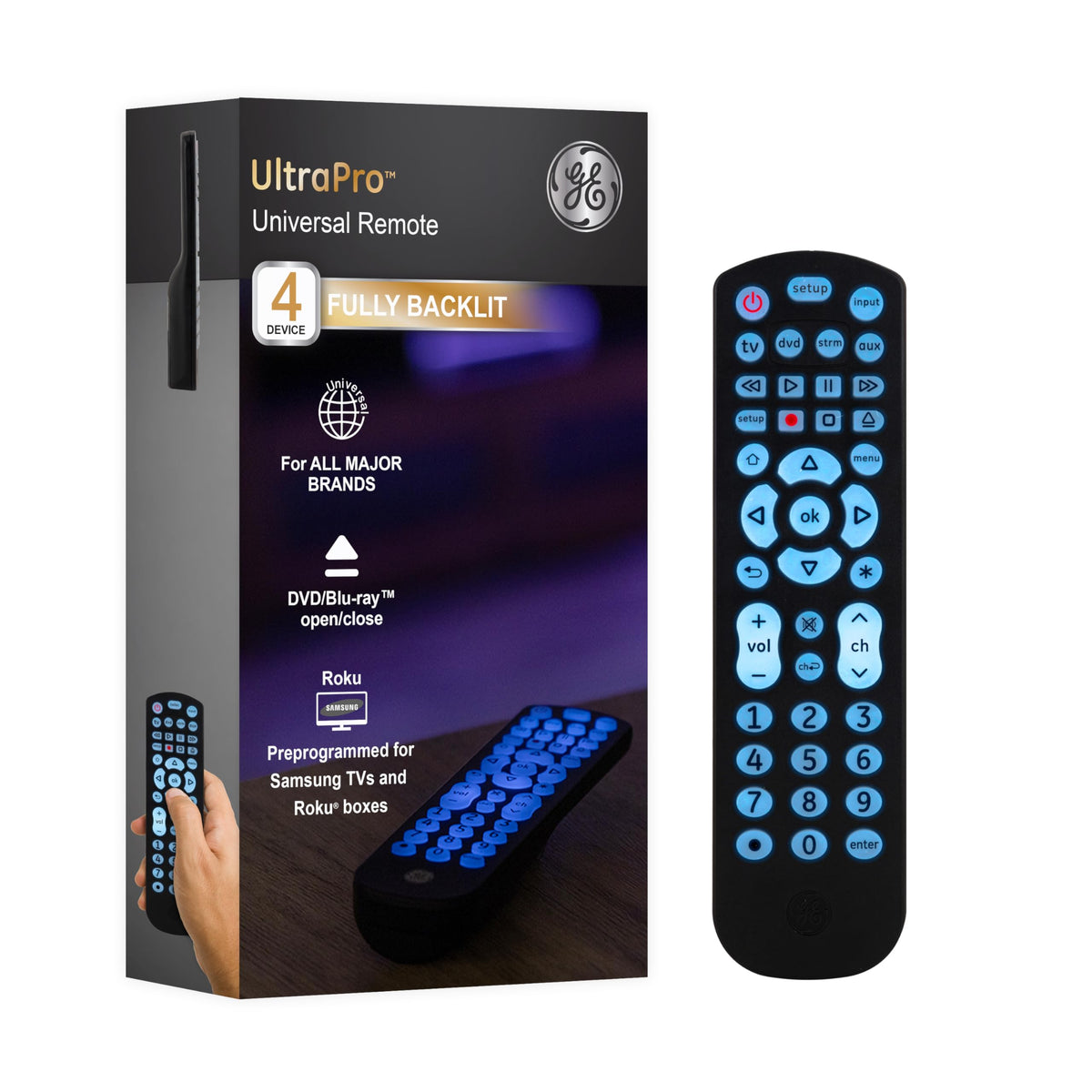 GE four-device remote front view with blue backlit buttons for night use.