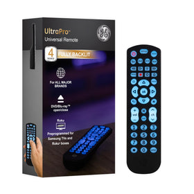 GE four-device remote front view with blue backlit buttons for night use.