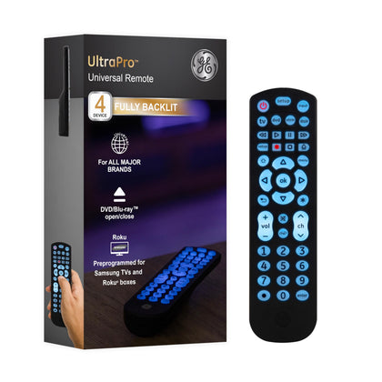 GE four-device remote front view with blue backlit buttons for night use.
