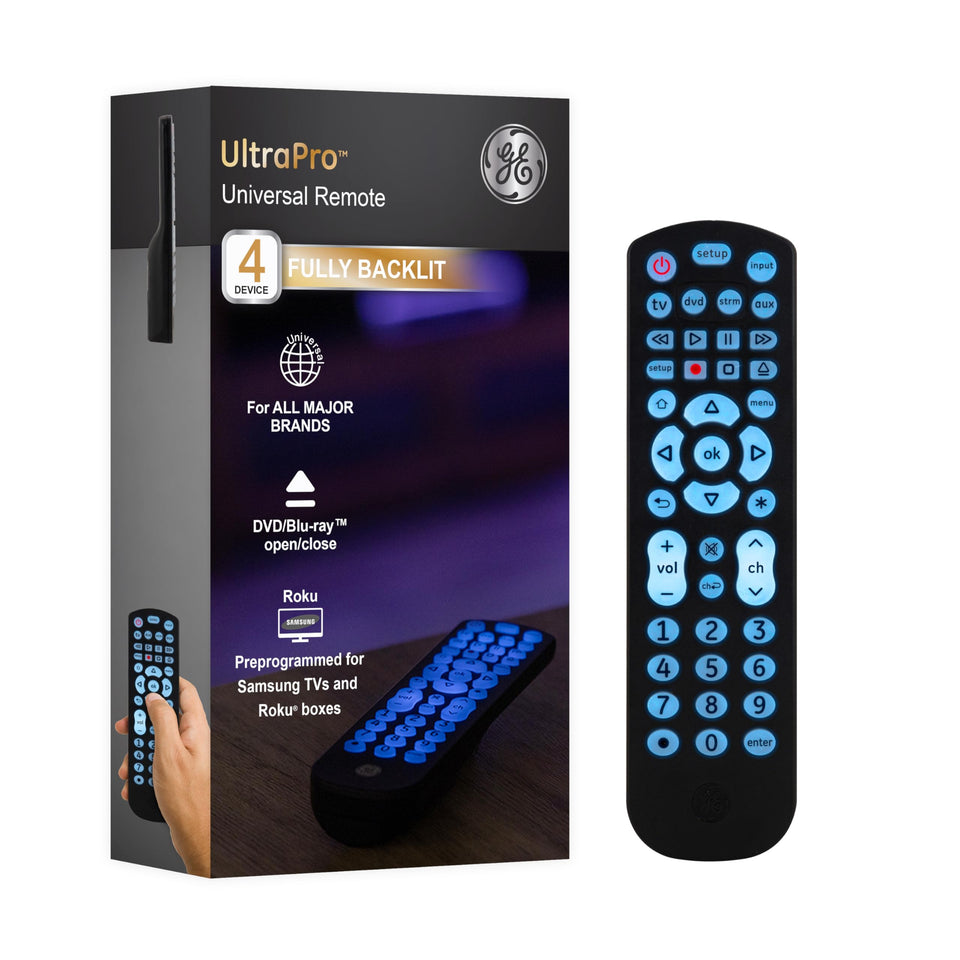 GE four-device remote front view with blue backlit buttons for night use.