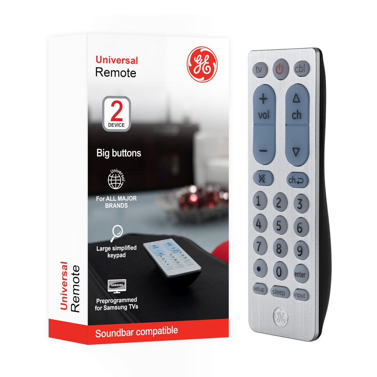 GE Big Button Remote in brushed silver, front view with easy-to-read controls.
