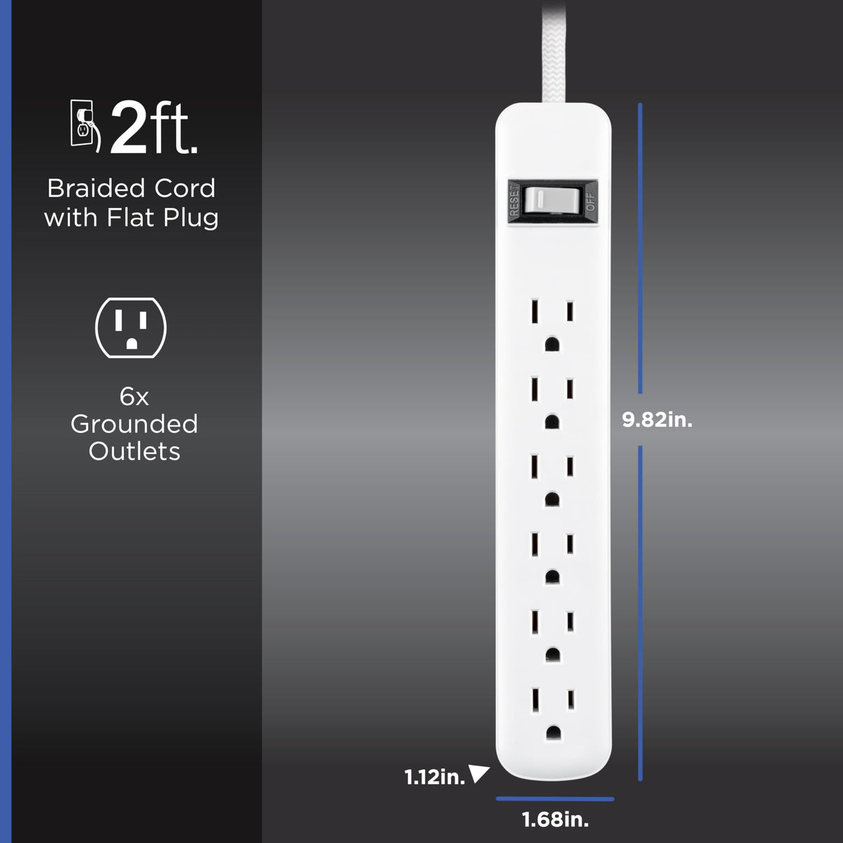 GE braided 2ft cord surge protector ready for tidy setups.