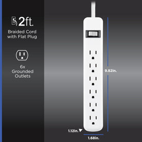 GE braided 2ft cord surge protector ready for tidy setups.