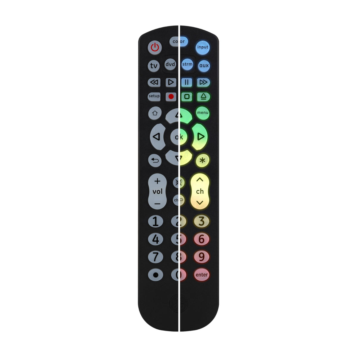 GE Color-Select backlit remote shows four-device control layout