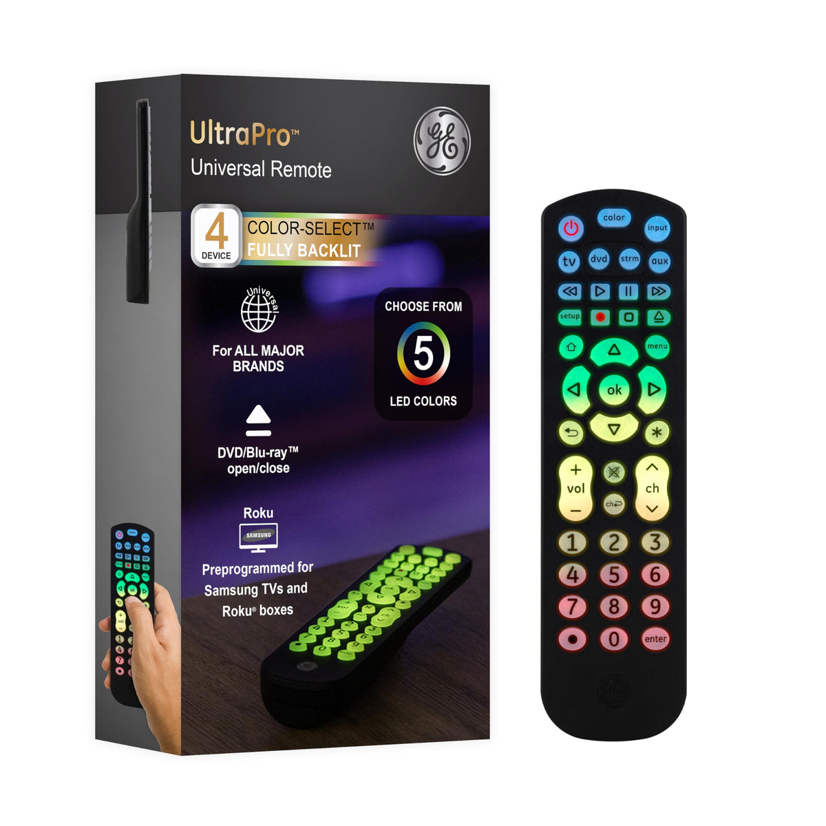 GE Color-Select backlit remote front view for easy nighttime use