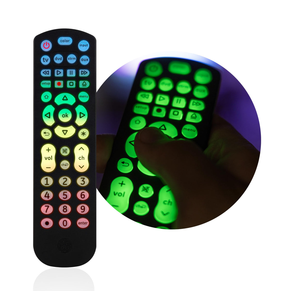 GE Color-Select backlit remote illuminated keys for quick finding