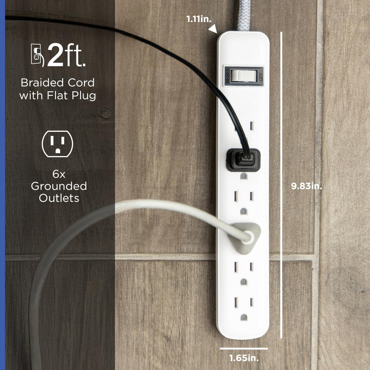 GE flat angled plug tucked behind furniture to save space and prevent strain