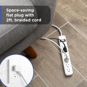 GE flat plug keeps cords flush against wall, reducing clutter.