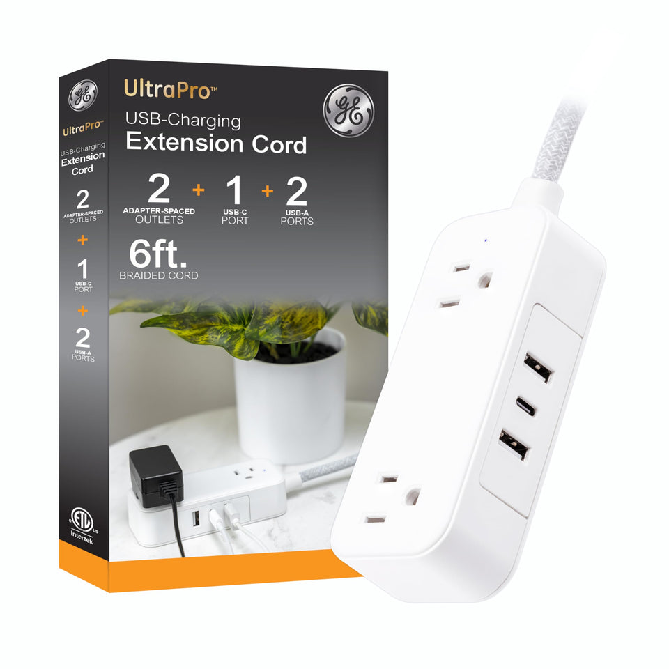 GE flat plug power strip with USB ports keeps desks organized and ready to charge.