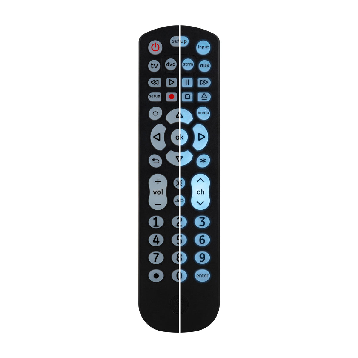 GE four-device remote held in hand for comfortable, everyday use.