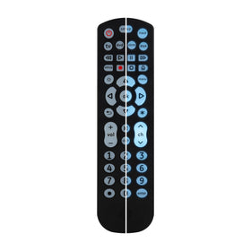 GE four-device remote held in hand for comfortable, everyday use.