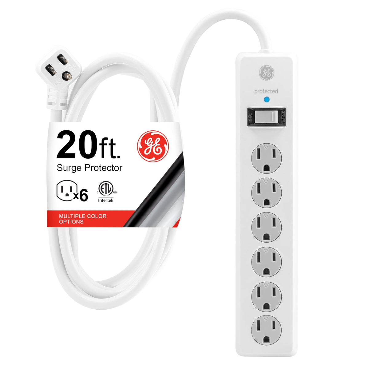 GE front view of 6-outlet surge protector showing outlets and white finish for organized power