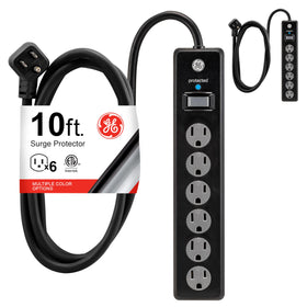 GE front view showing six grounded outlets and 800J protection, organized power solution