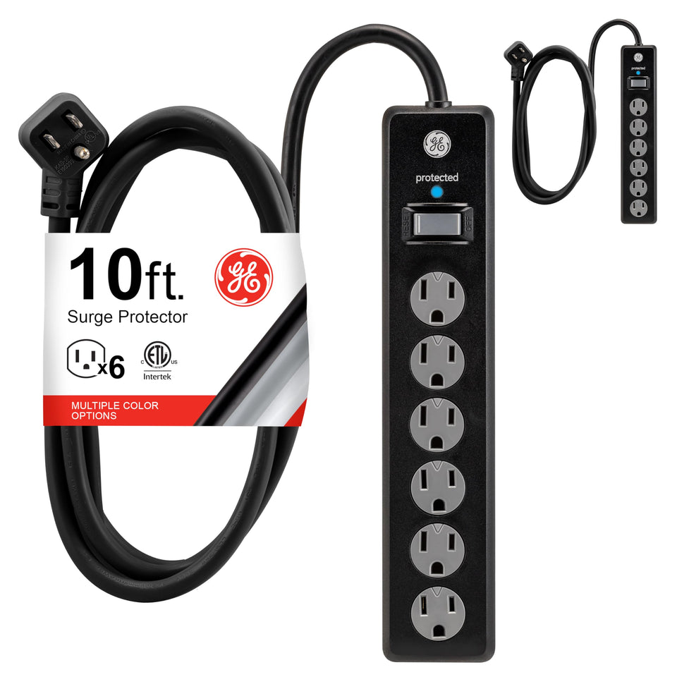 GE front view showing six grounded outlets and 800J protection, organized power solution