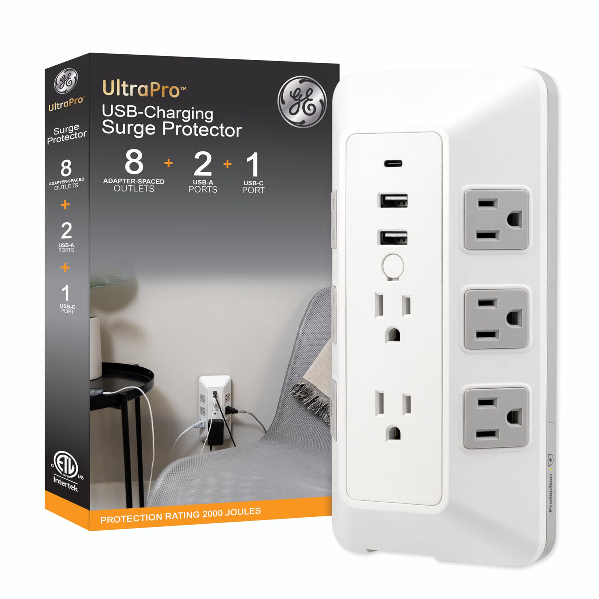 GE front view of 8-outlet surge tap showing ports and organized charging benefit