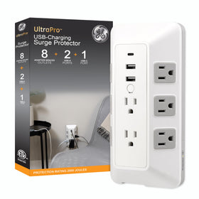 GE front view of 8-outlet surge tap showing ports and organized charging benefit