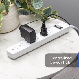 GE in-use on a desk powering router monitor and phone for convenient access