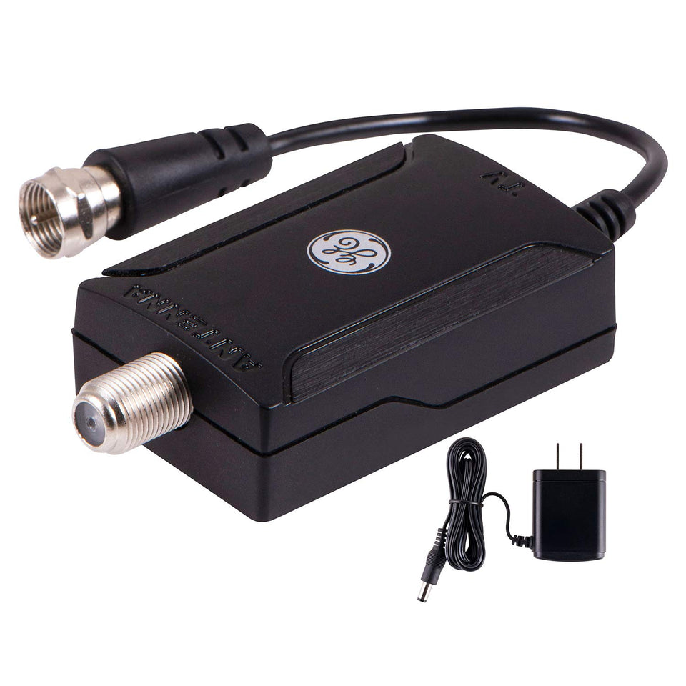 GE Indoor Antenna Amplifier front view boosts HDTV reception with clearer channels