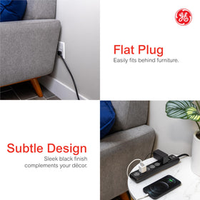 GE in home office powering monitor and router, protects devices from surges