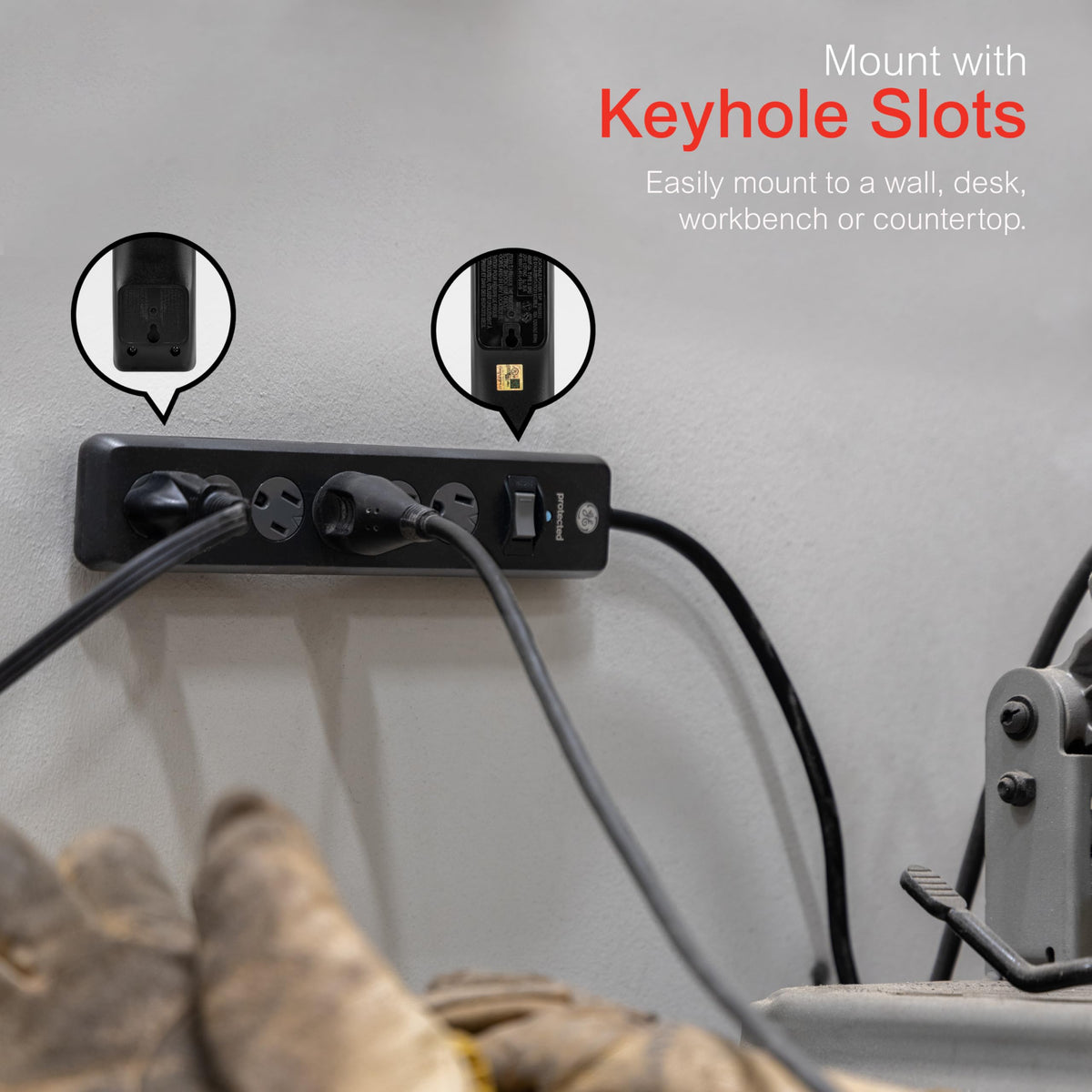 GE mounted on desk using keyhole slots, keeps power strip secure and tidy