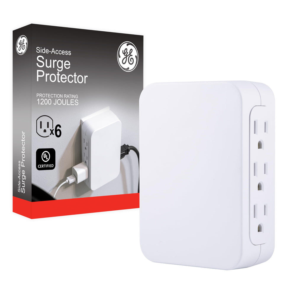 GE Pro 6-outlet surge protector with side access for tight spaces.