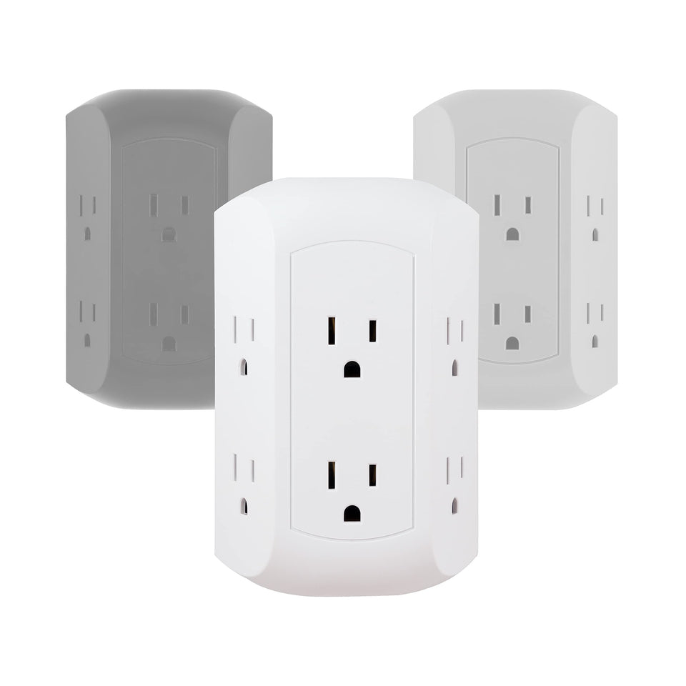 GE front view of 6-outlet surge protector showing all outlets and white finish, easy expansion benefit