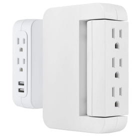 GE Pro Side-Access Swivel Surge Tap with 5 outlets and 2 USB ports for clutter-free charging.
