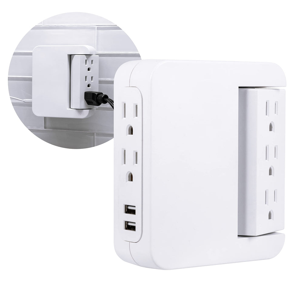 GE Pro Swivel Surge Tap with five outlets and two USB ports for clutter-free charging.