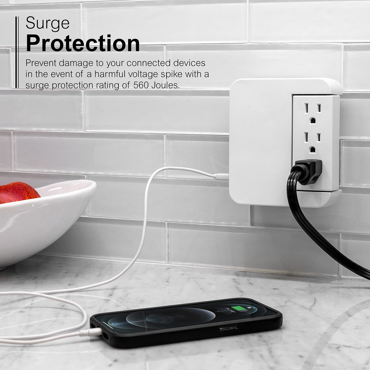 GE surge protector 560 joules protects electronics with automatic shutdown feature.