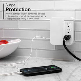 GE surge protector 560 joules protects electronics with automatic shutdown feature.