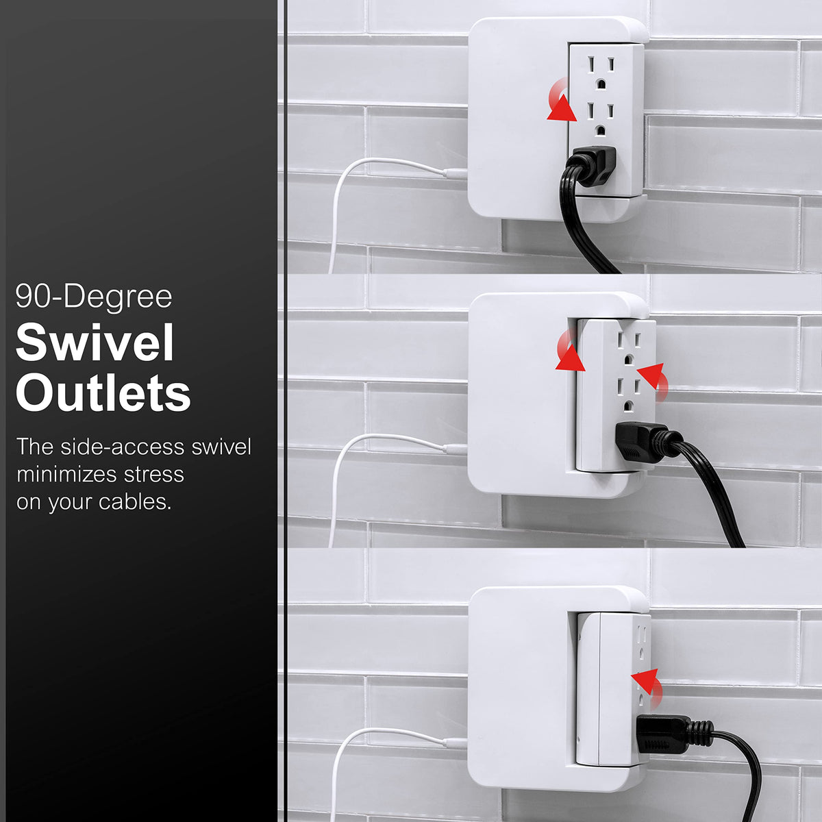 GE Pro Swivel Tap behind desk with cable management for organized workstations.