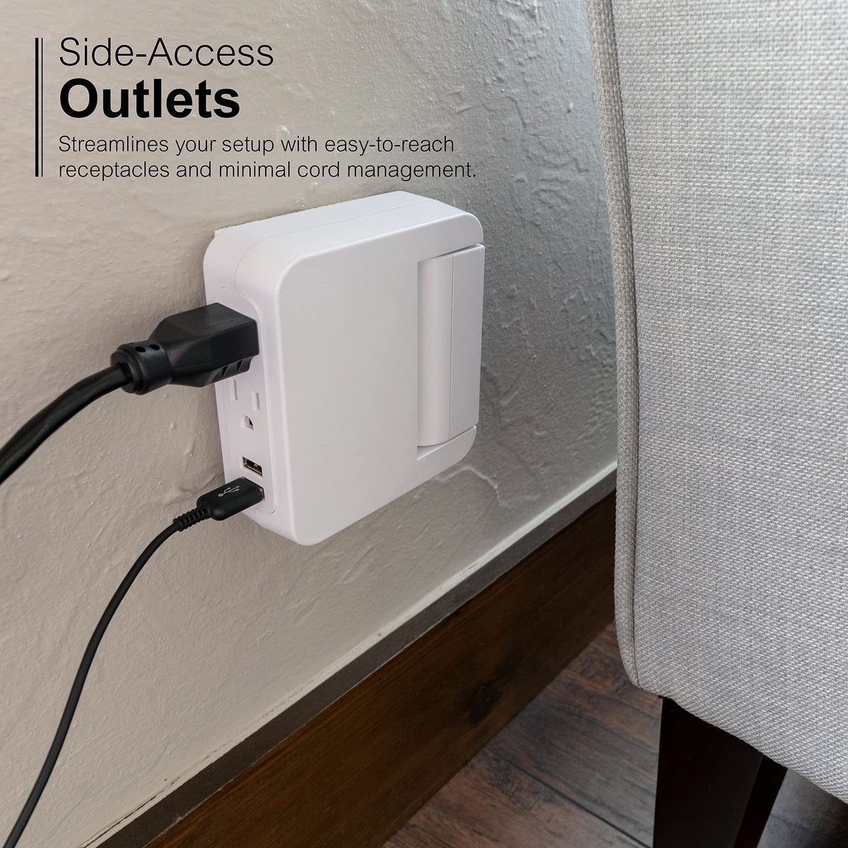 GE Pro Swivel Tap USB ports deliver 2.4A total for phones and tablets.
