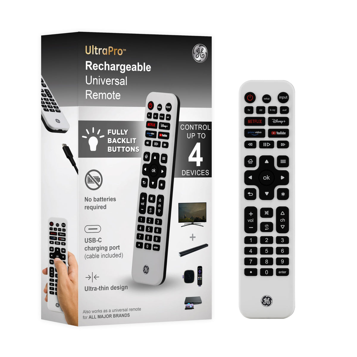 GE rechargeable universal remote charging via USB-C for long-lasting power