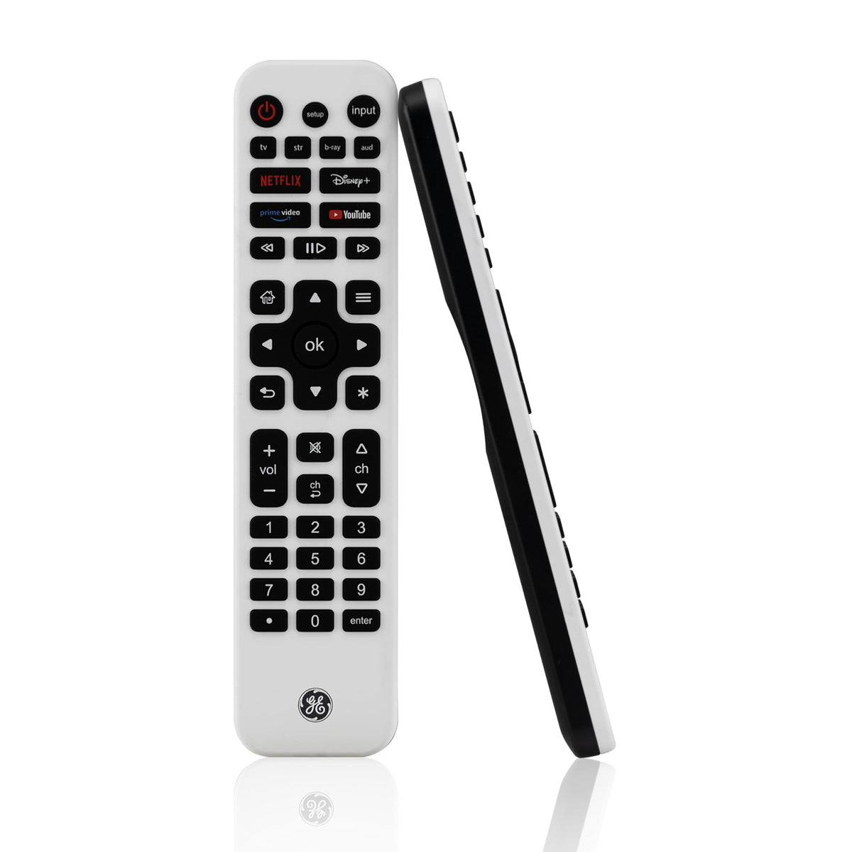 GE remote with backlit keypad for easy use in low-light living rooms
