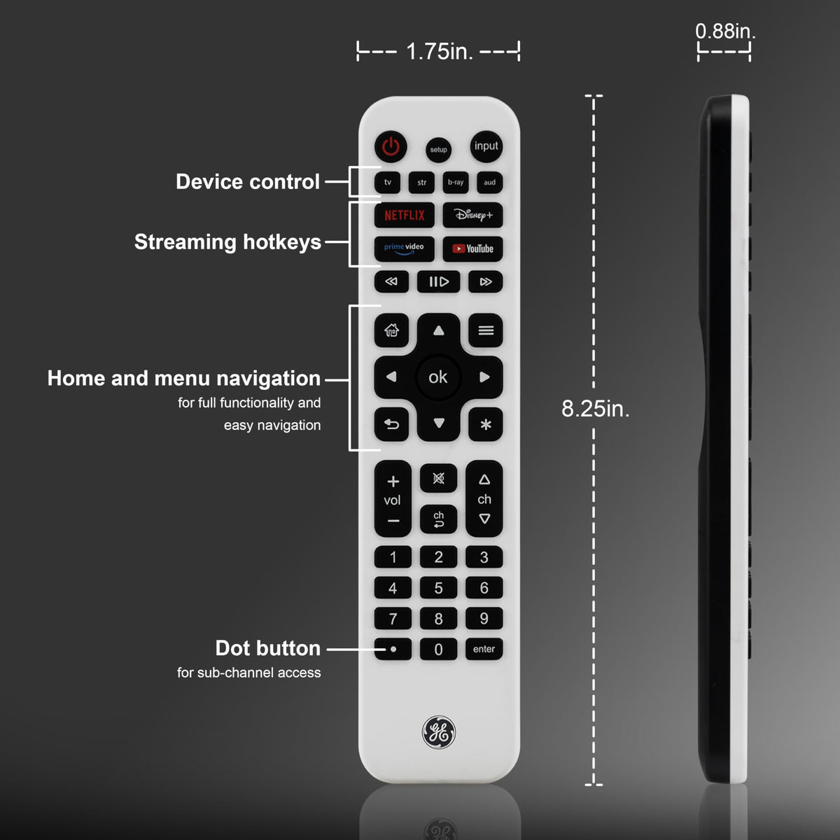 GE remote includes USB-C charging cable for convenient power connection