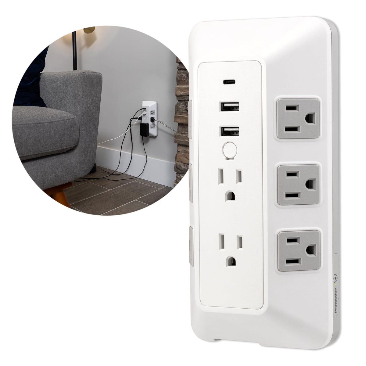 GE angled side showing multi-sided outlets to prevent blocked plugs benefit