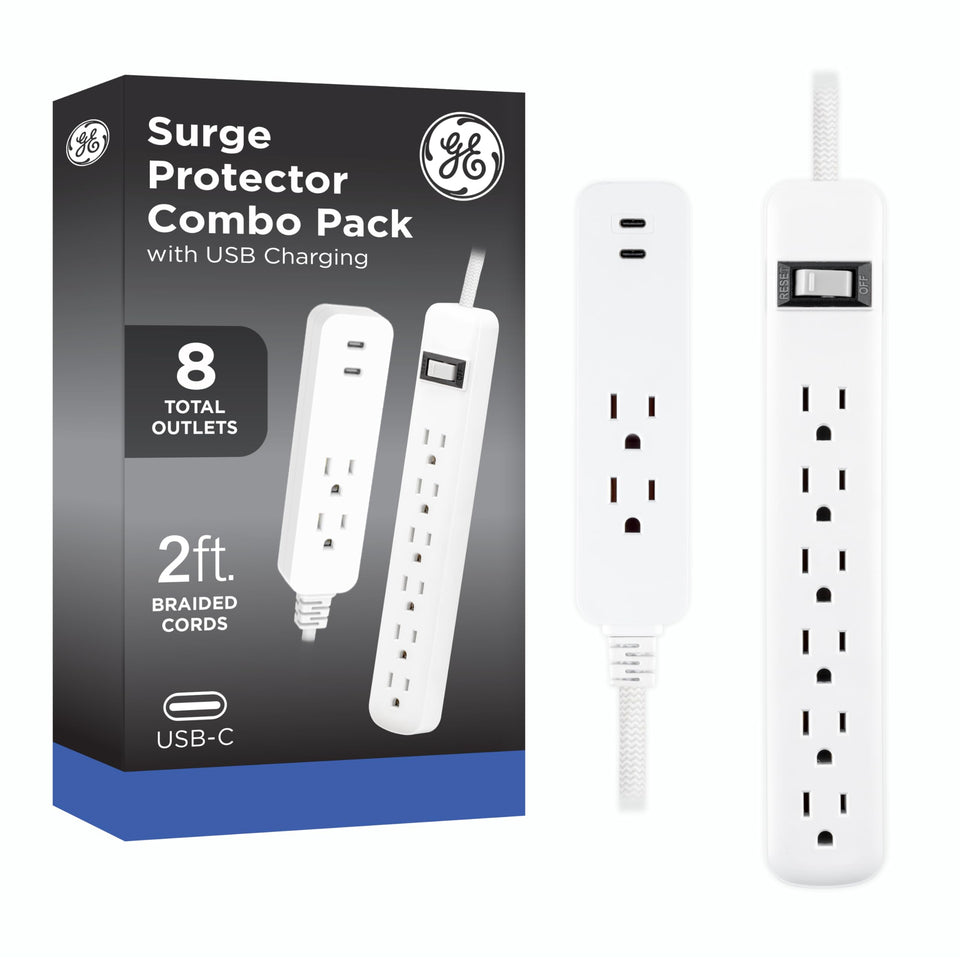 GE six-outlet surge protector front view, ideal for desk spaces and dorm rooms.