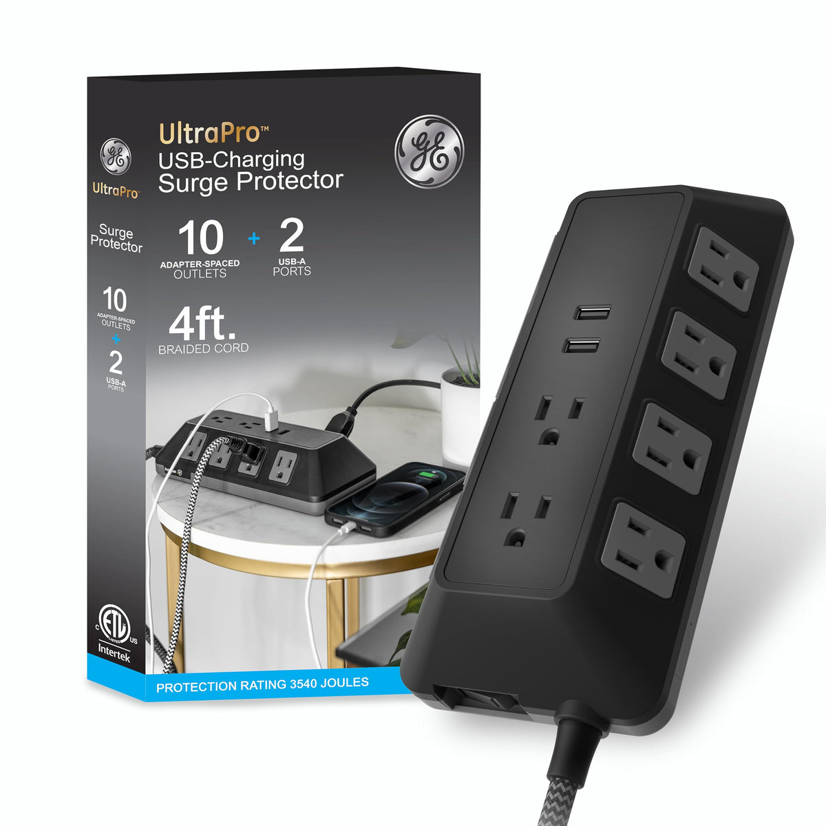 GE surge protector with 10 outlets and USB ports for convenient charging
