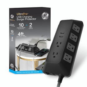 GE surge protector with 10 outlets and USB ports for convenient charging