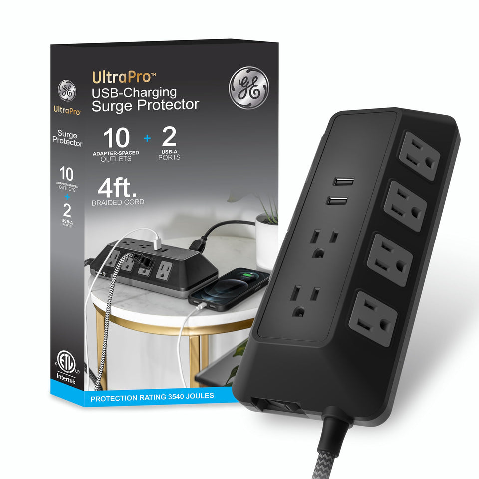 GE surge protector with 10 outlets and USB ports for convenient charging