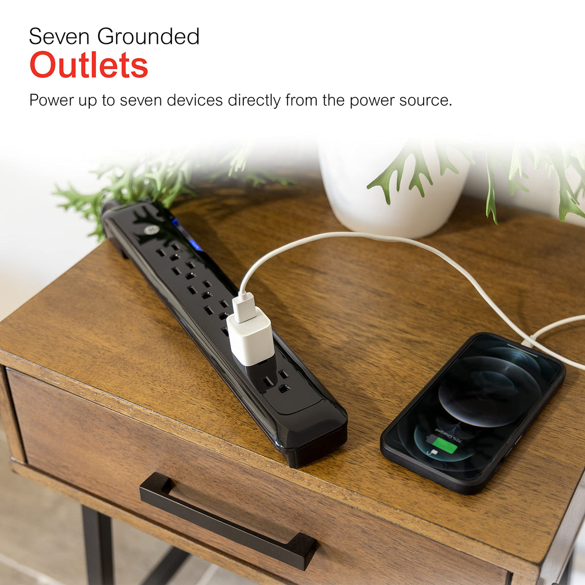 GE Surge Protector Power Strip delivers 1080 joules of surge protection for devices.