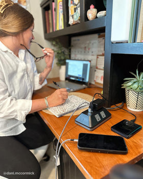 GE surge protector 3ft extension cord reaches devices from a distance.
