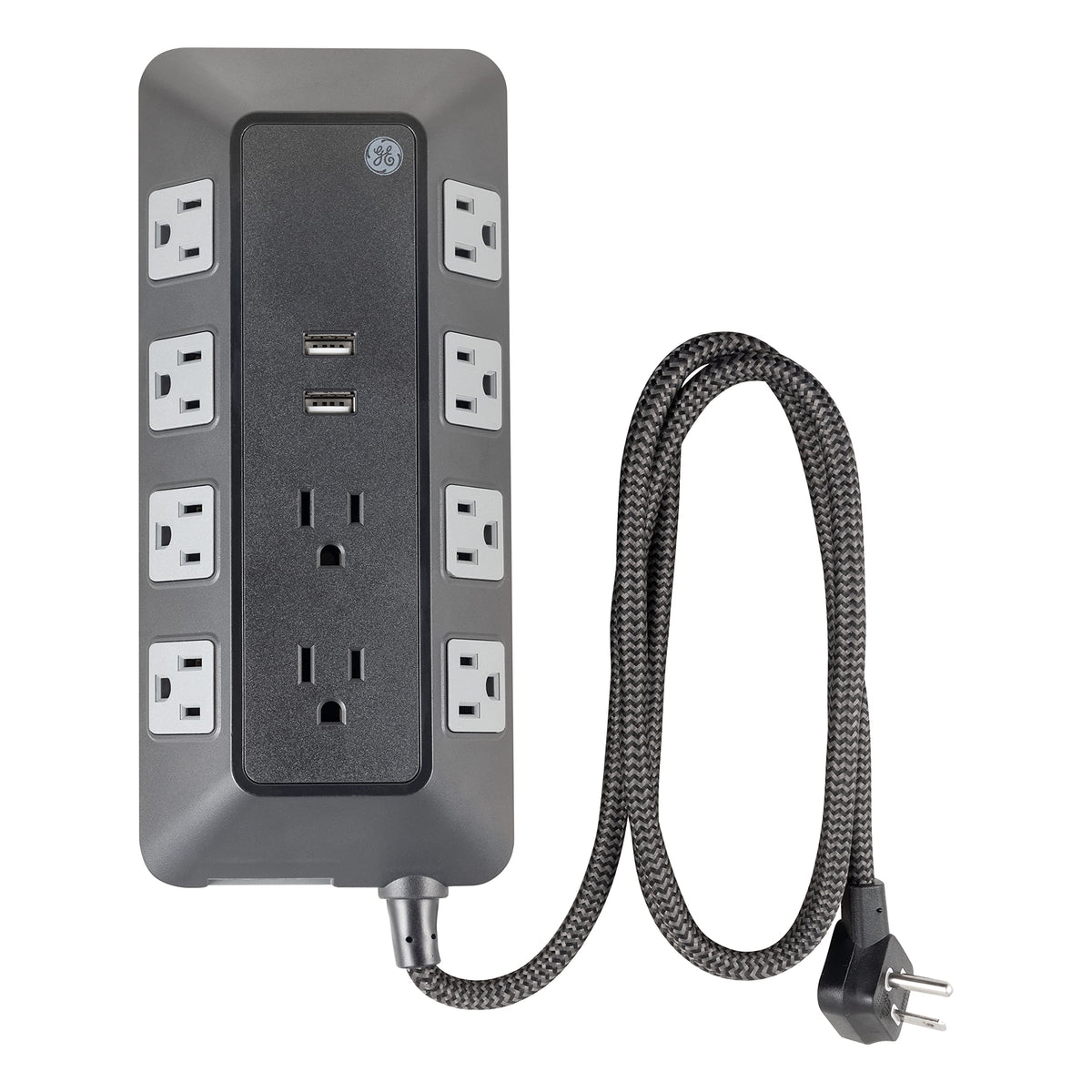 GE surge protector showing its 4 ft braided cord for extended reach