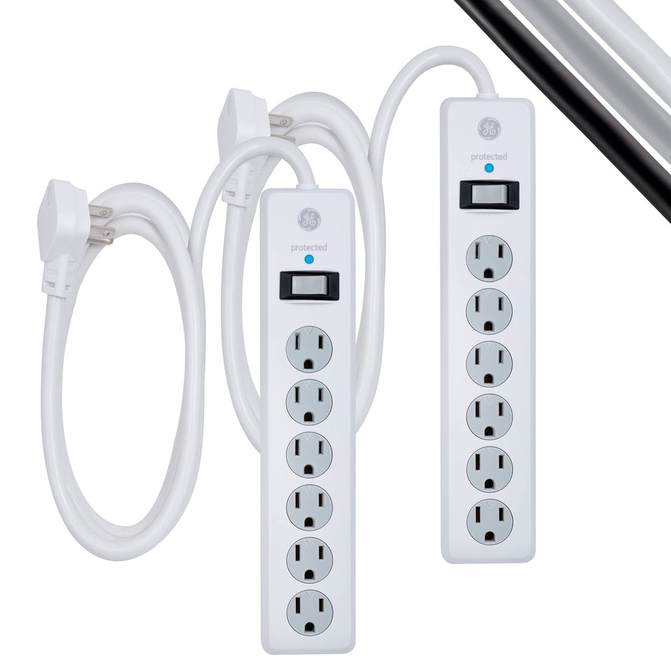GE 6-outlet surge protector two-pack expands desk power for electronics.