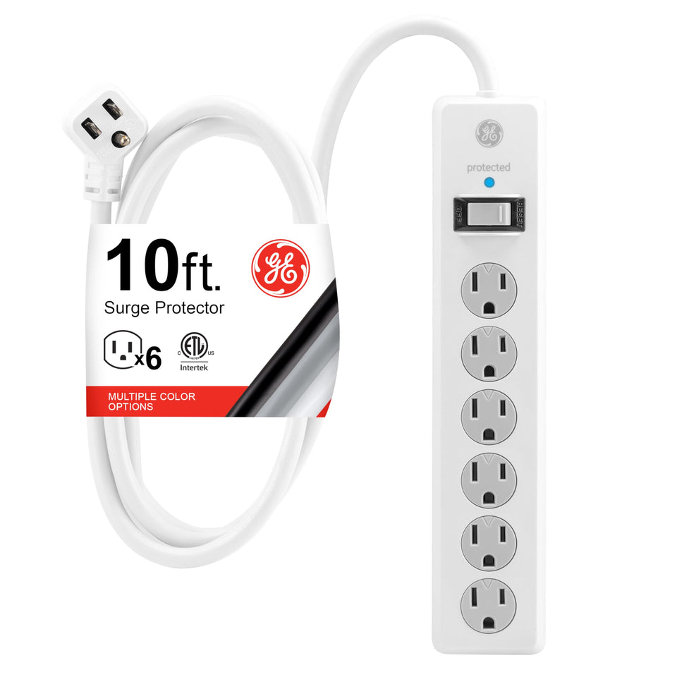 GE surge protector with six outlets enables centralized charging for home electronics.