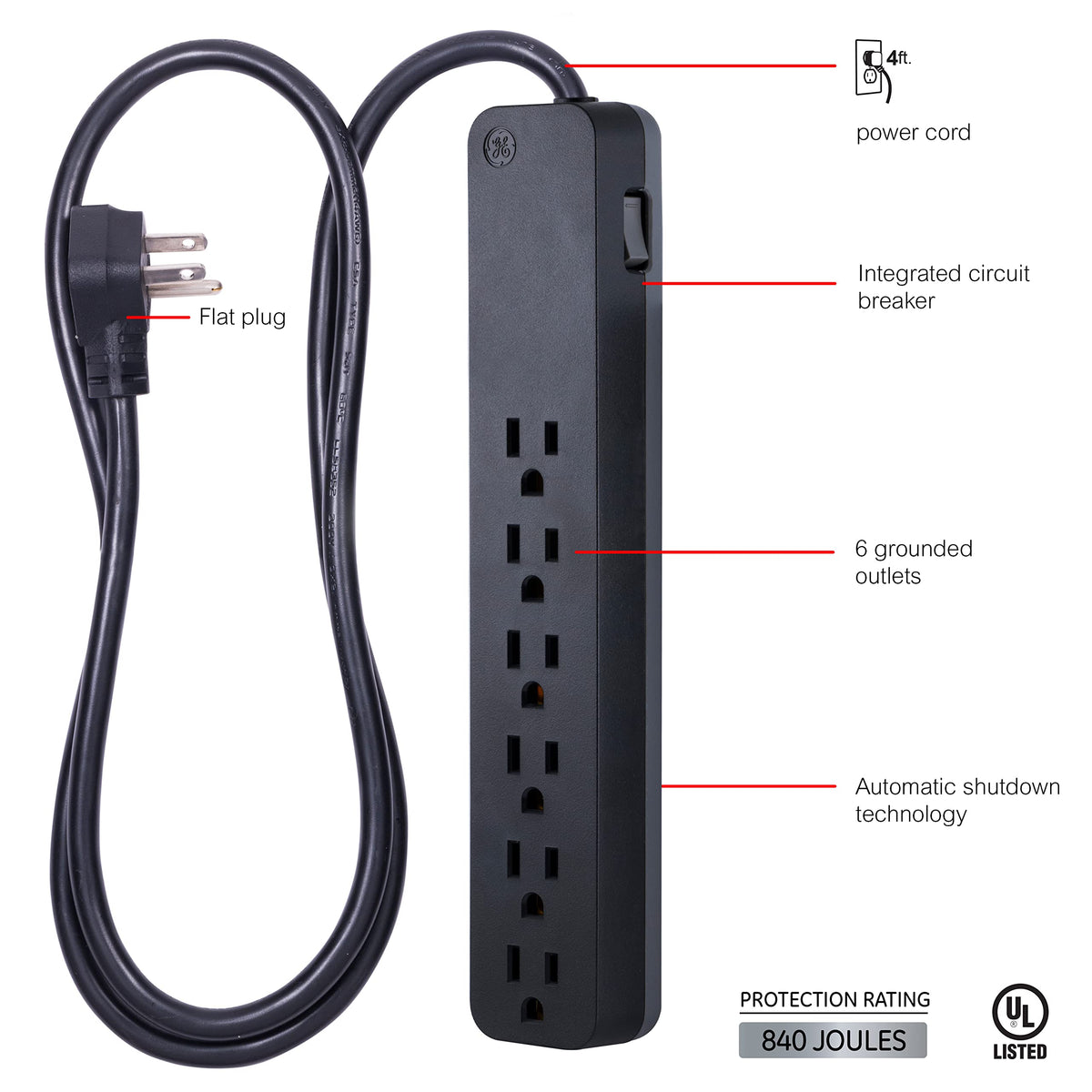 GE surge protector 6ft extension cord offering flexible reach to distant outlets.