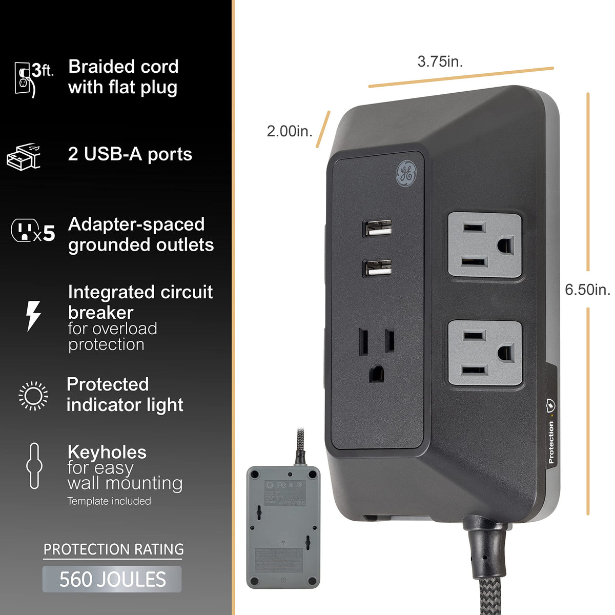 GE surge protector braided cord adds durability and tidy cable management.